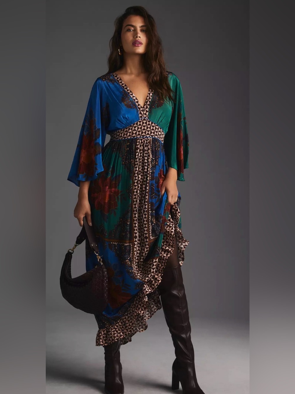 NWT Farm Rio Flutter-Sleeve Patchwork Maxi Dress